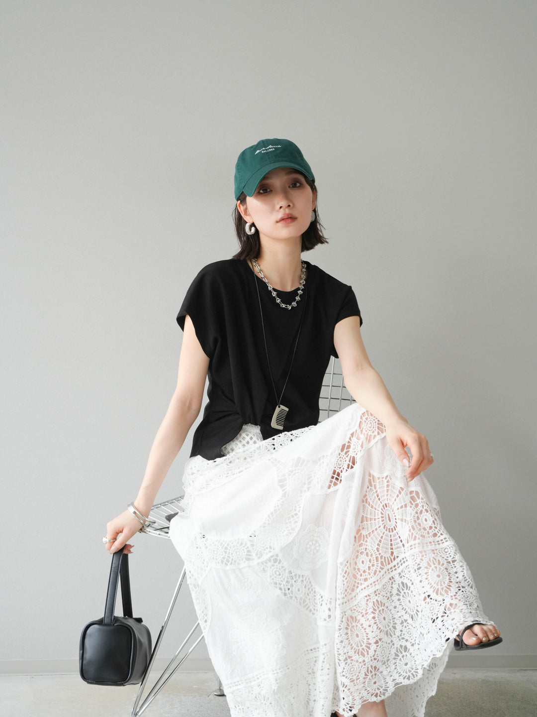 [予約]カシュクールTシャツ＆コームネックレスSET /ブラック