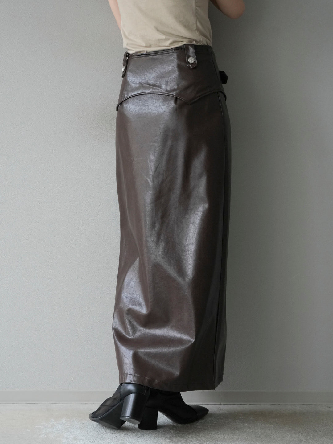 [予約]ベルトデザインレザータッチZIPタイトスカート/ブラウン