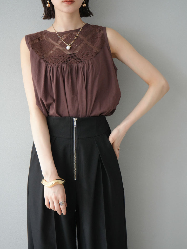 [予約]インド製コットンレース切替ノースリブラウス/ブラウン