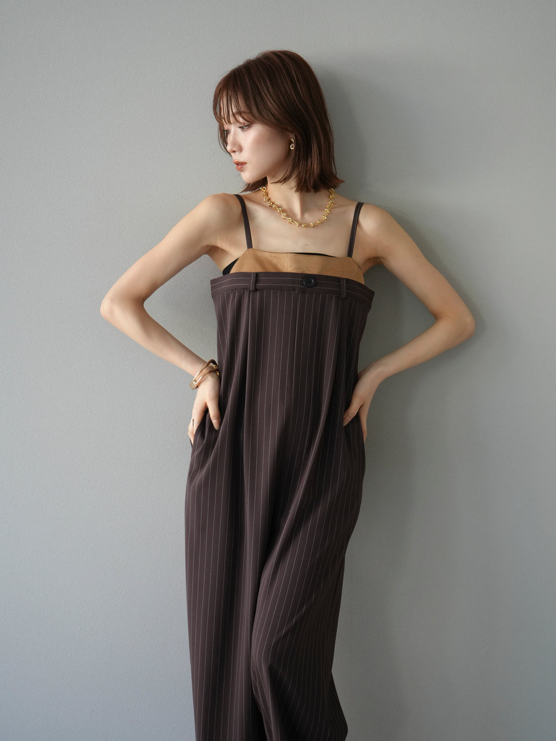 [予約]サテン切替ピンストライプサロペット/ブラウン