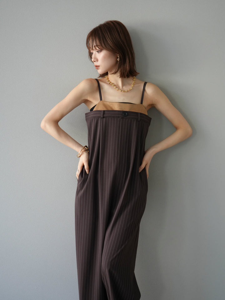 [予約]サテン切替ピンストライプサロペット/ブラウン