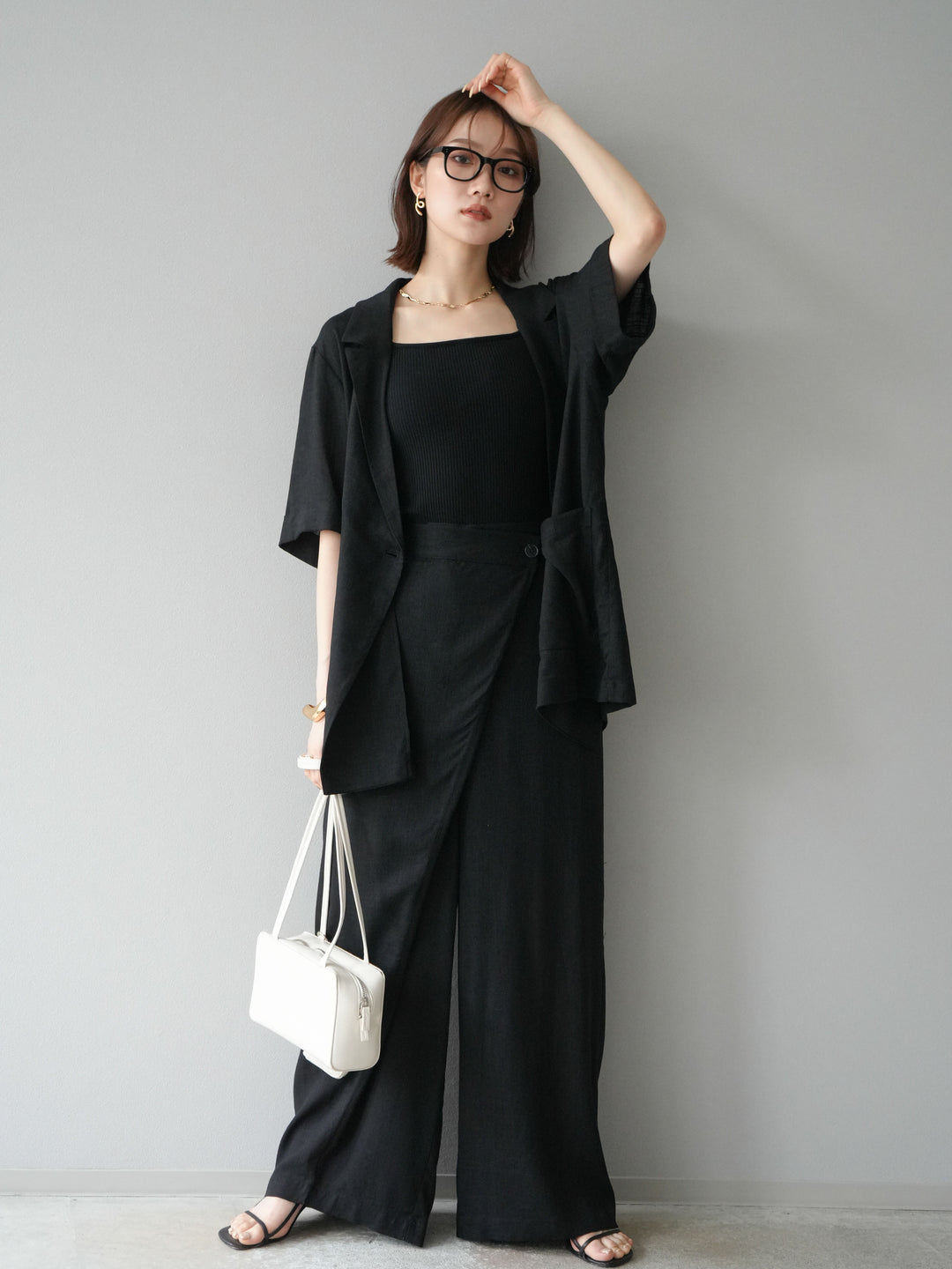 【預購】輕亞麻半袖外套/黑色