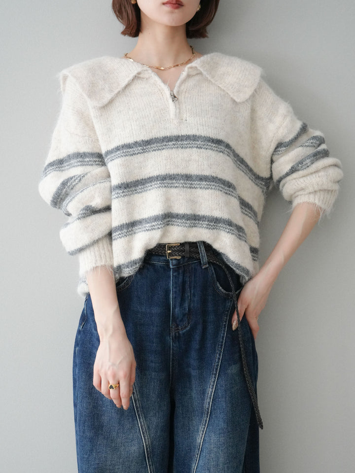 [予約]ハーフジップボーダーニットプルオーバー/ivory