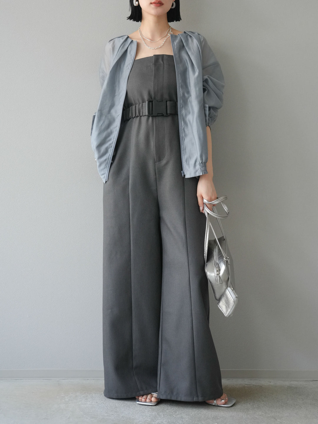 【預訂】褶襉設計透視上衣/灰色