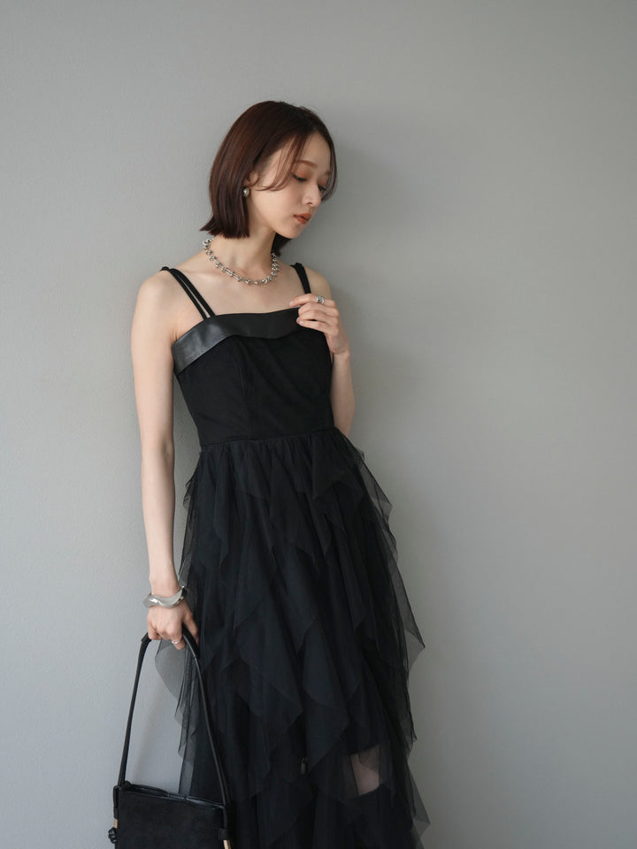 [予約]レザー切替チュールラッフルワンピース/black