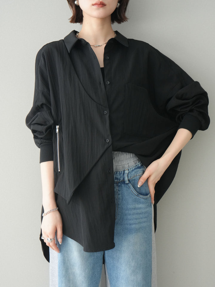 [予約]リブカフスアシンメトリーZIPデザインオーバーシャツ/black