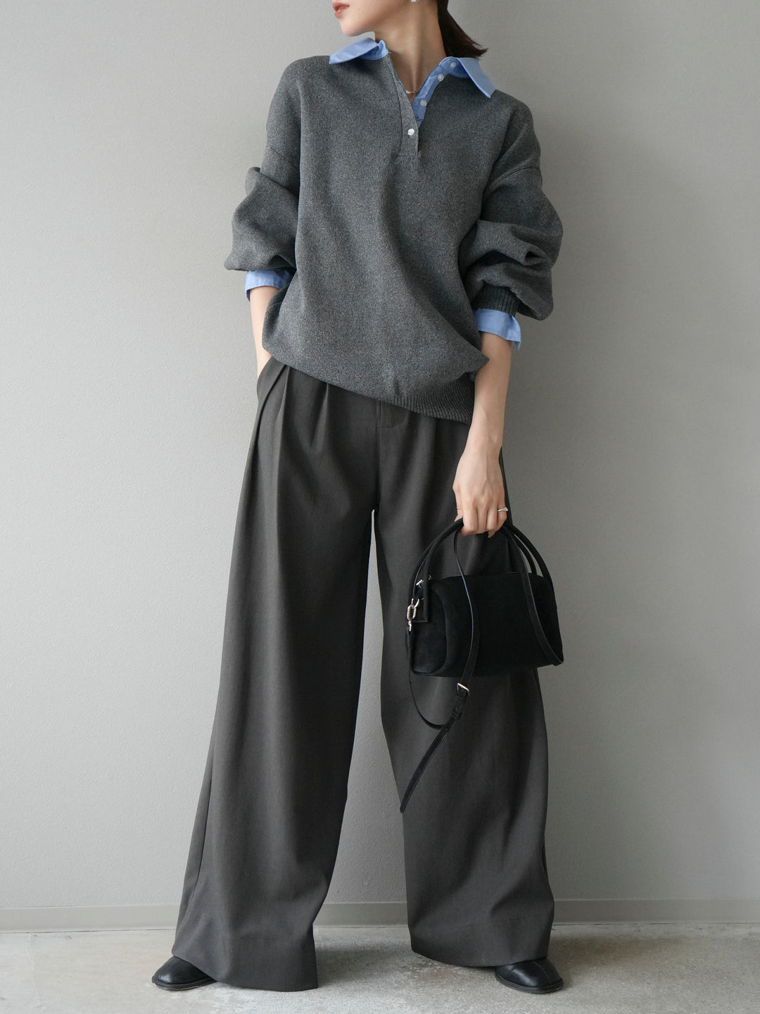 【SET】翻領polo針織套衫+雙褶闊腿褲（2件組）