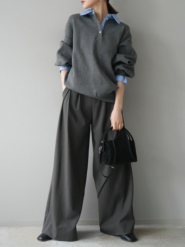 【SET】翻領polo針織套衫+雙褶闊腿褲（2件組）