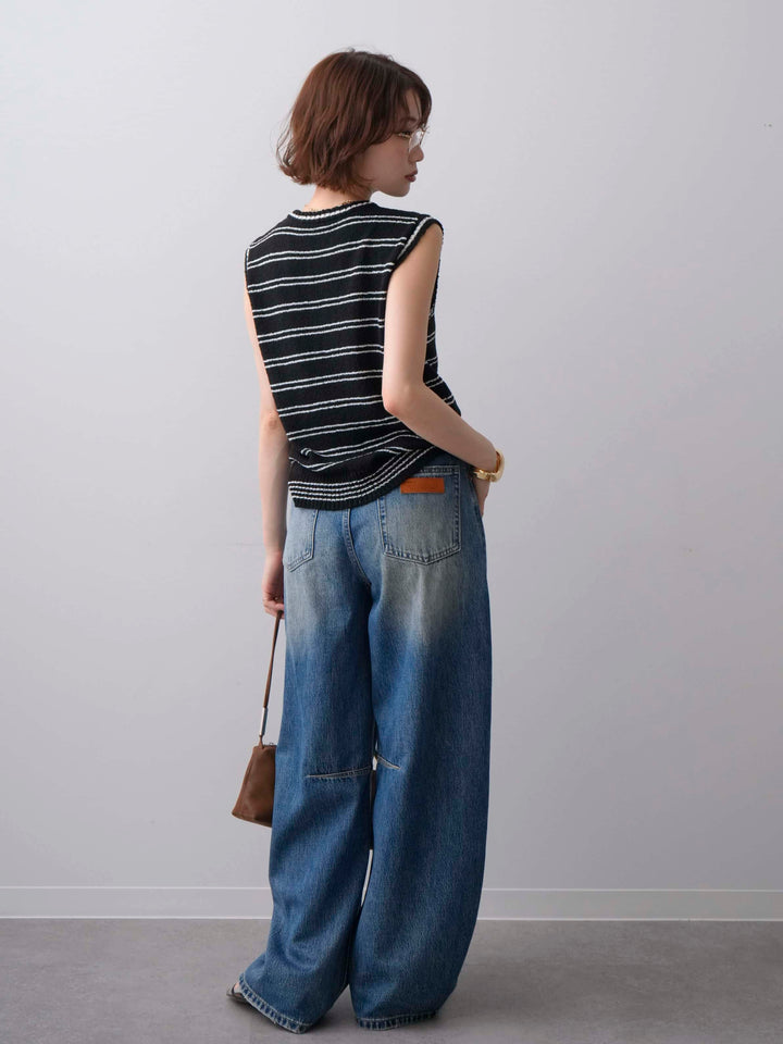 [SET]ボーダーヘンリーノースリニットトップス+立体カーブデニムパンツ(2set)