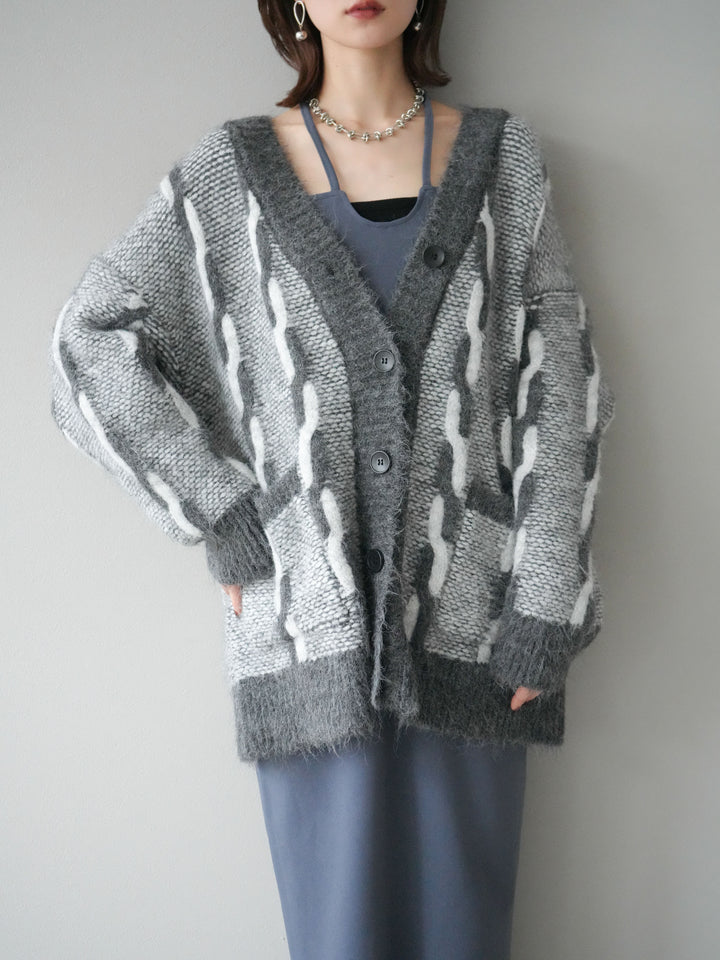 [予約]バイカラー編み込みデザインニットカーディガン/グレー