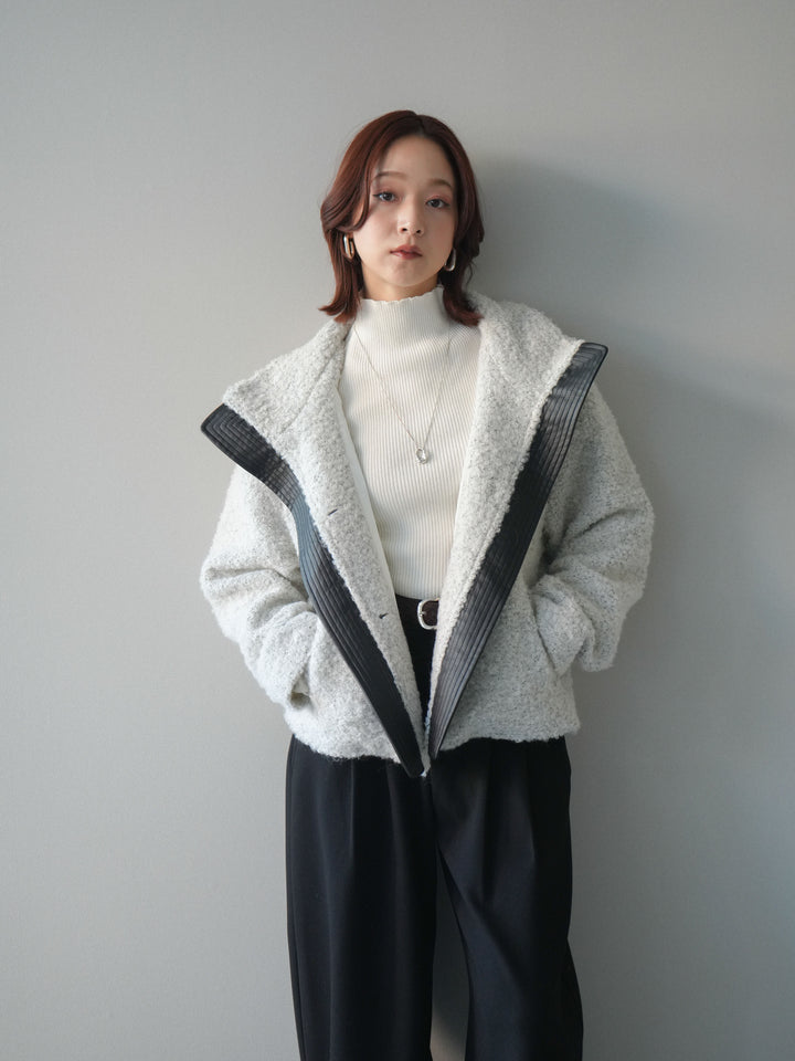 [SET]レザー切替ブークレブルゾン+アニマル柄ベルト付きウールタッチワイドパンツ(2set)