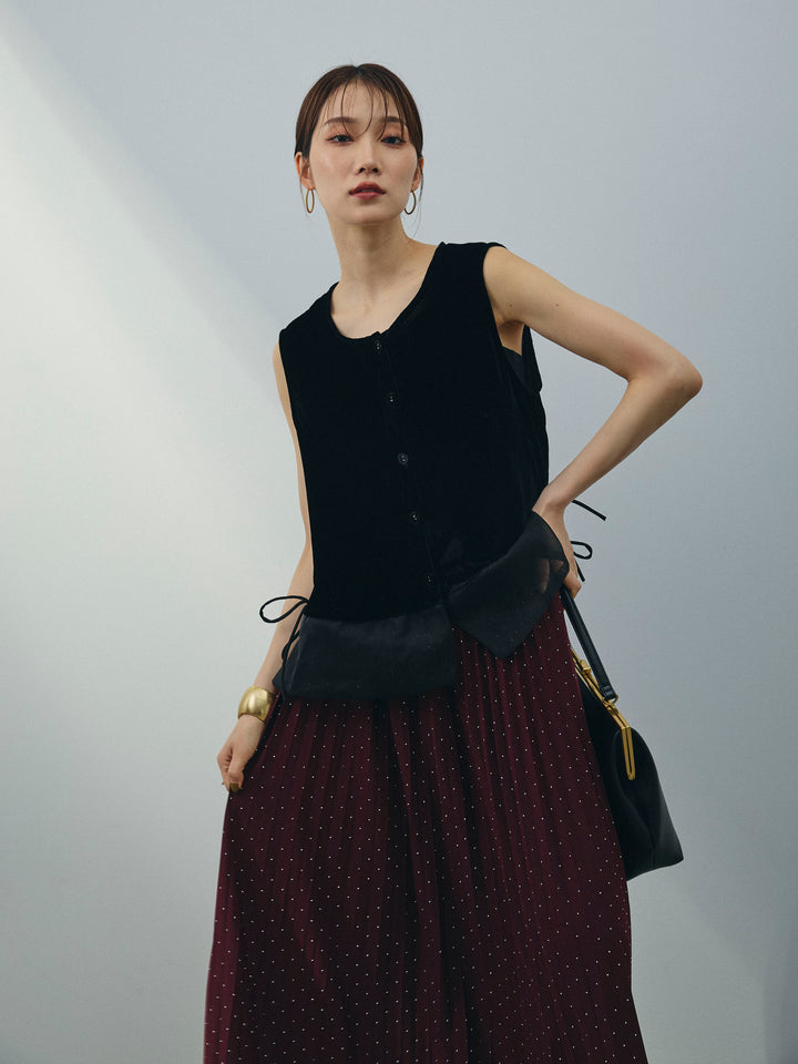 [SET]裾チュールベロアノースリーブプルオーバー+ラインストーンプリーツスカート(2set)