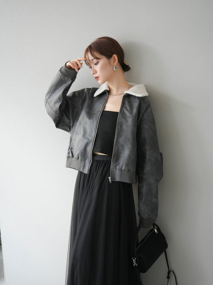 [予約]襟ボアヴィンテージレザーブルゾン/ブラック