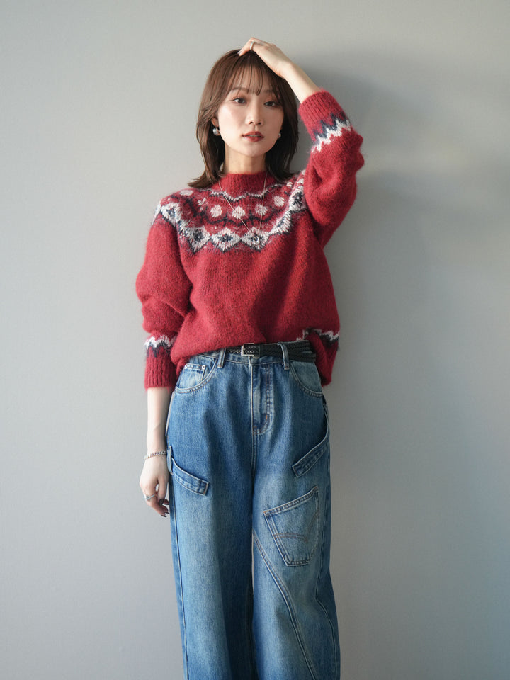 [SET]ソフトタッチ求心柄ニットプルオーバー+ペインターカーブデニムパンツ(2set)