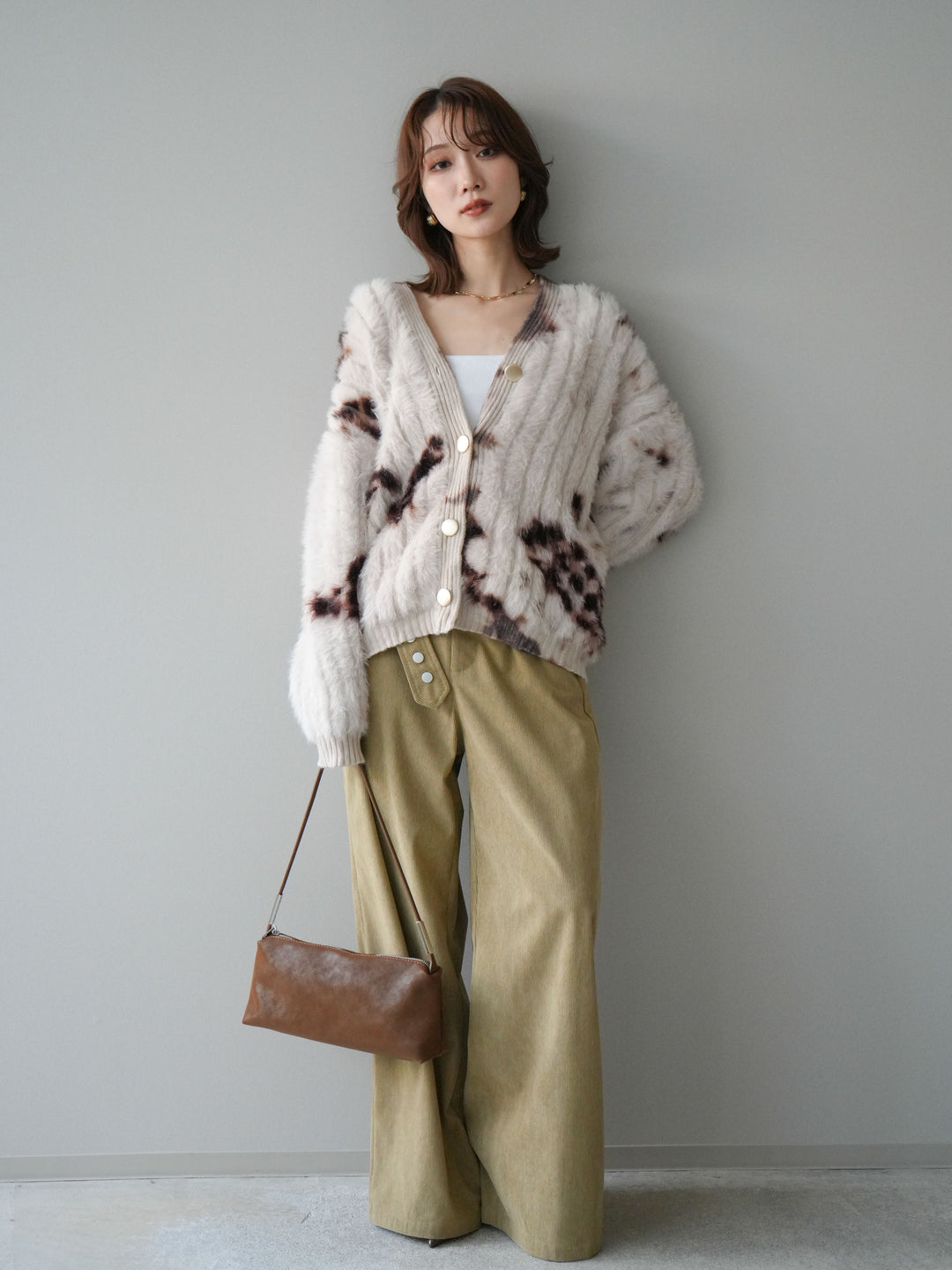 [SET]ニュアンス柄シャギーニットカーディガン+コーデュロイ巻きベルト付きパンツ(2set)