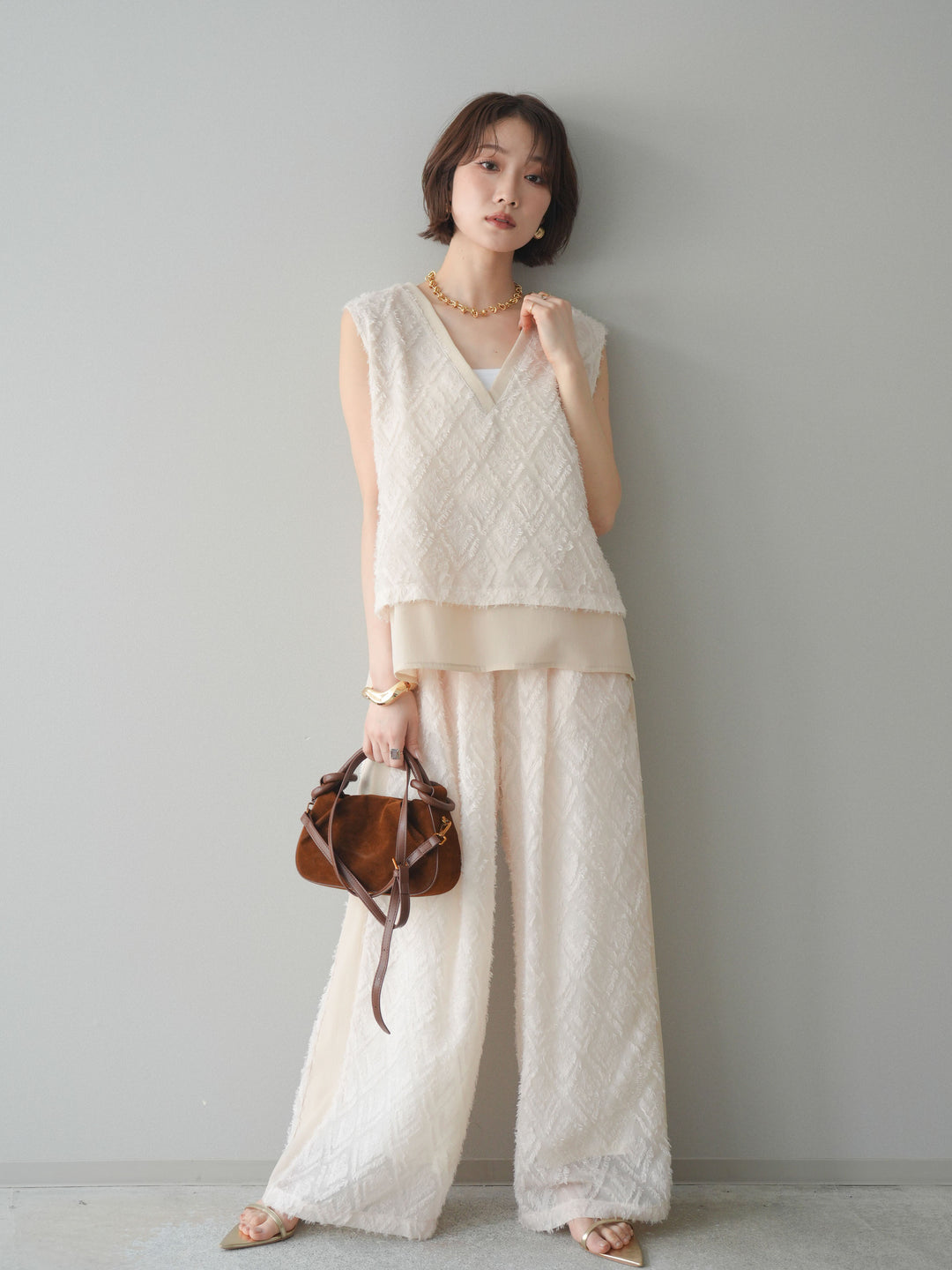 [SET]フリンジレイヤードVネックノースリーブ+フリンジイージーストレートパンツ(2set)