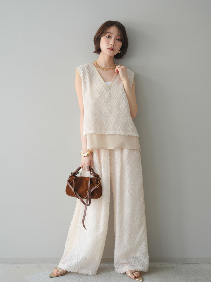 [SET]フリンジレイヤードVネックノースリーブ+フリンジイージーストレートパンツ(2set)