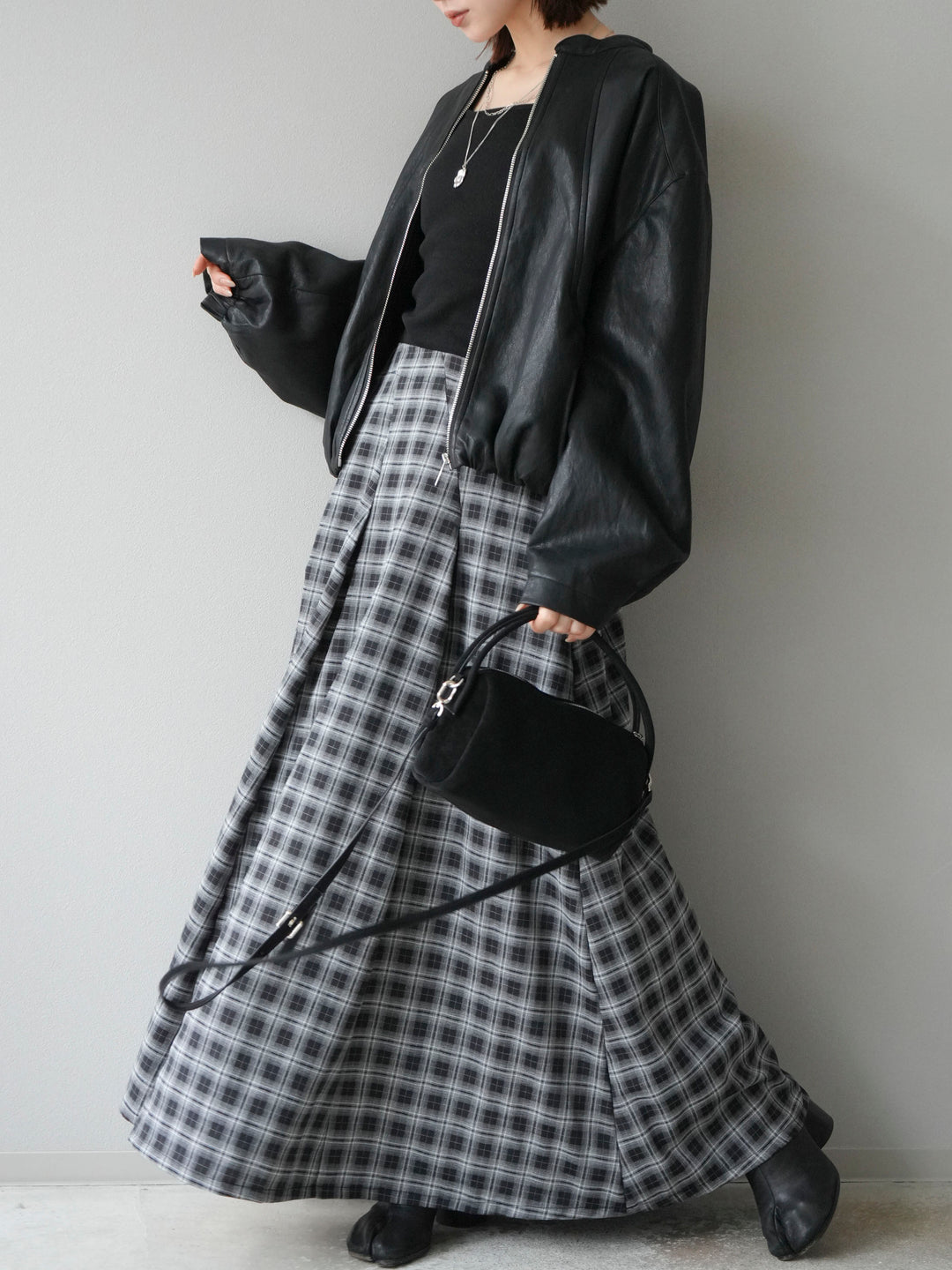 [予約]チェックタックフレアロングスカート/ ブラック