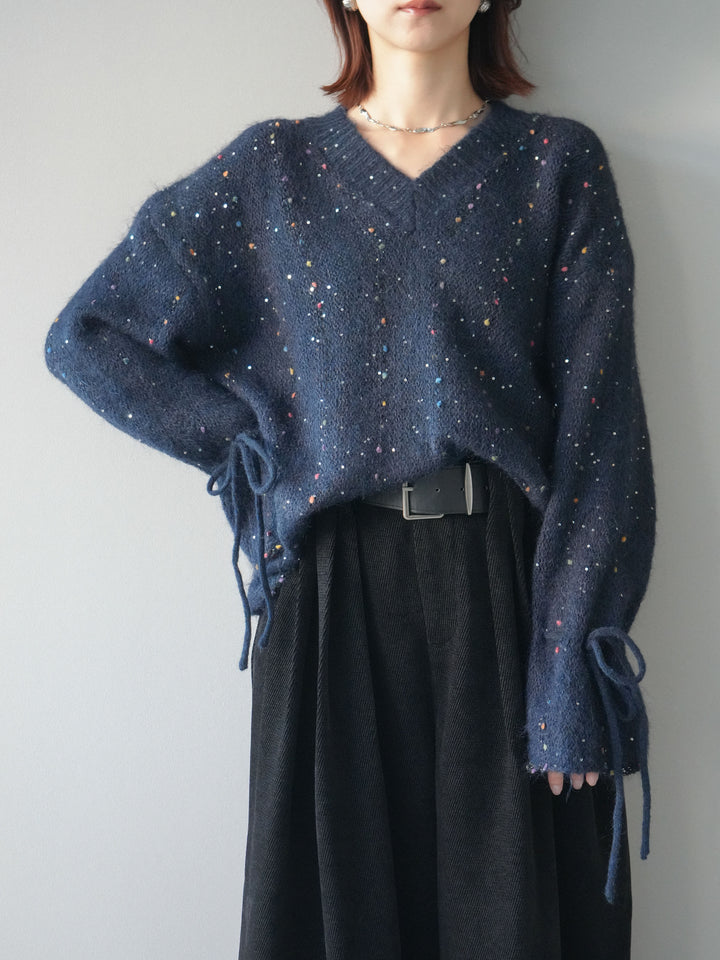 [SET]キャンディースリーブカラーネップスパンコールニットプルオーバー+ベルトデザインループコールテンワイドパンツ(ベルト付き)(2set)