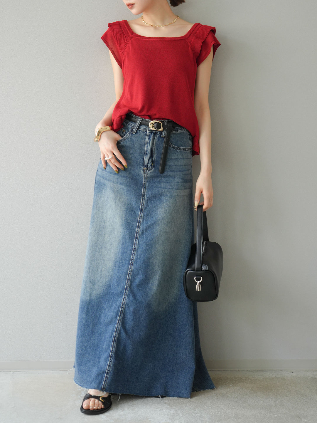 [予約]Aラインカットオフデニムスカート/ブルー