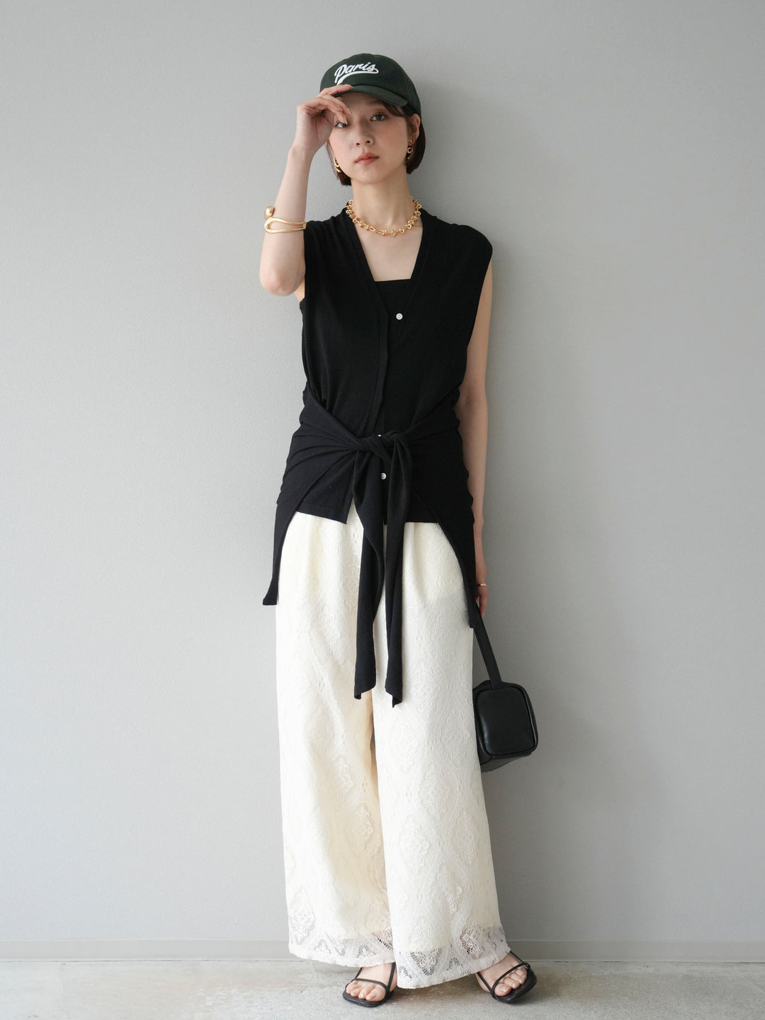 [SET]腰巻きデザインノースリーブニットカーディガン+レースタックイージーパンツ(2set)