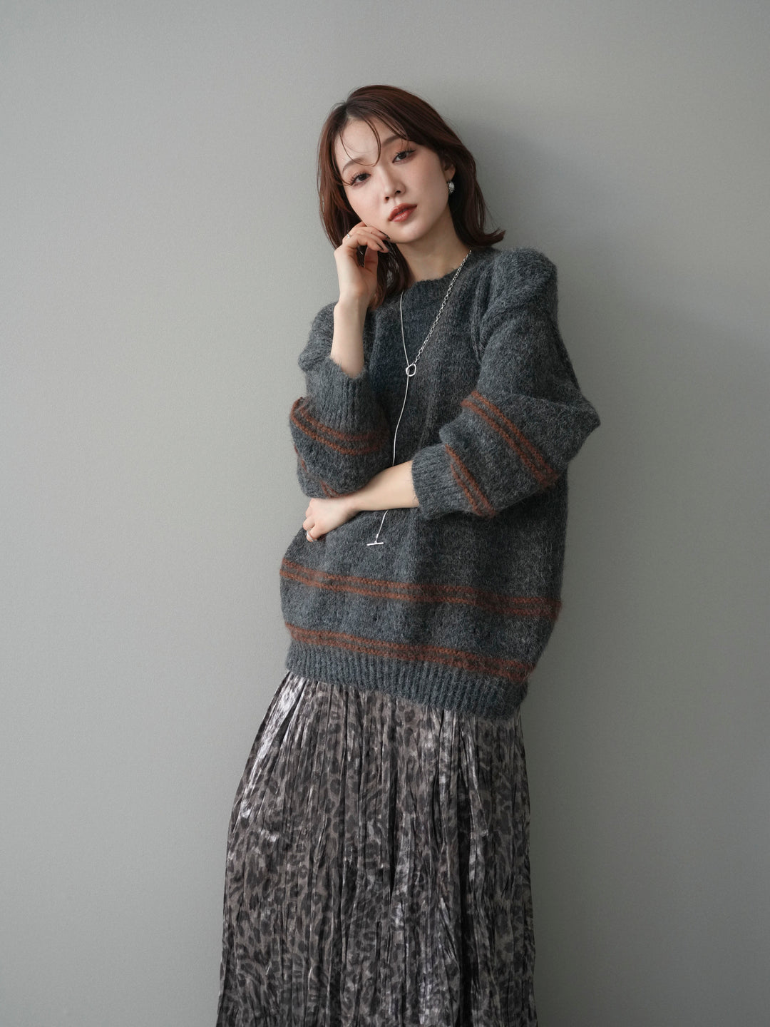 [予約]クルーネックラインボーダーニットプルオーバー/gray