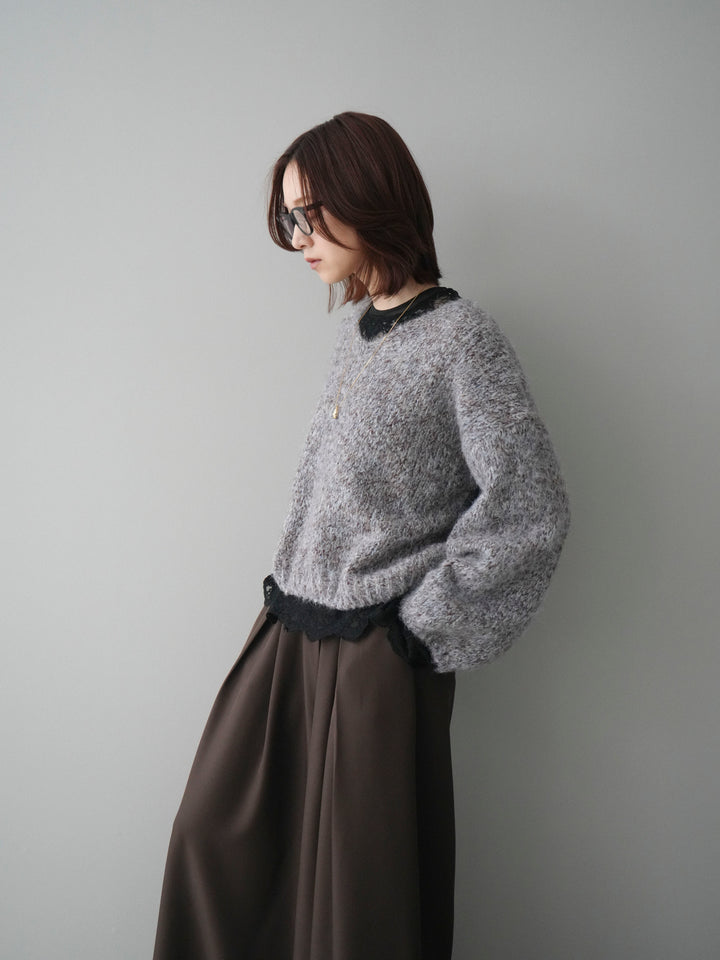 [SET]Vネックミックスヤーンニットプルオーバー+チュールレーストップス(2set)