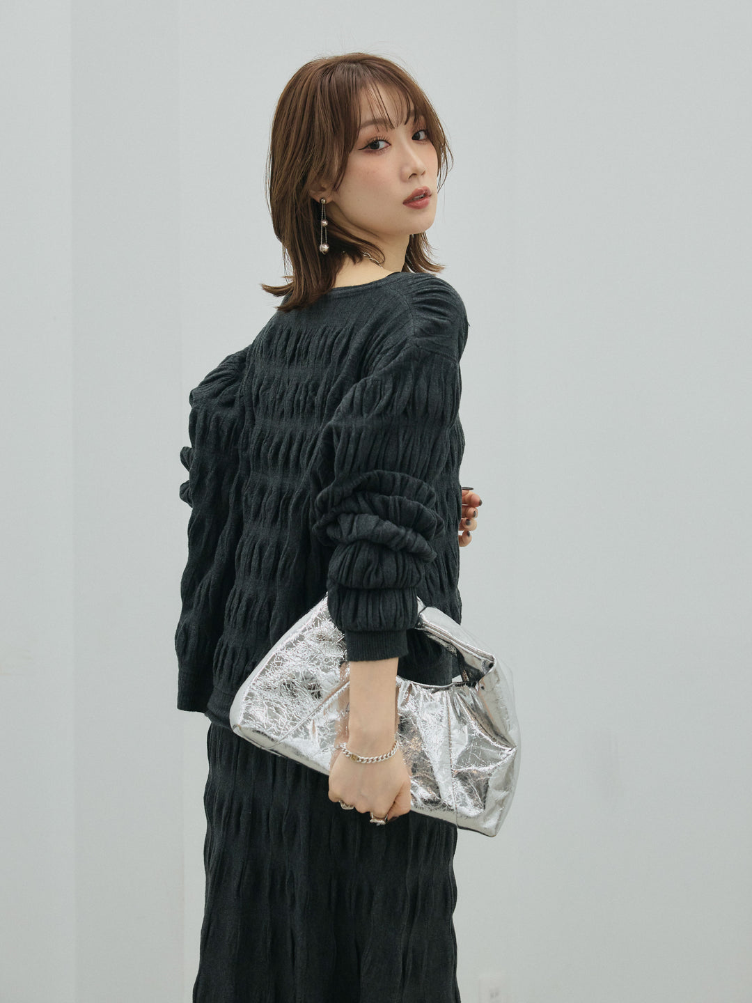 【Allure】[SET]シャーリングニットカーディガン&ニットスカートSET UP+シャーリングニットカーディガン&ニットスカートSET UP(2set)