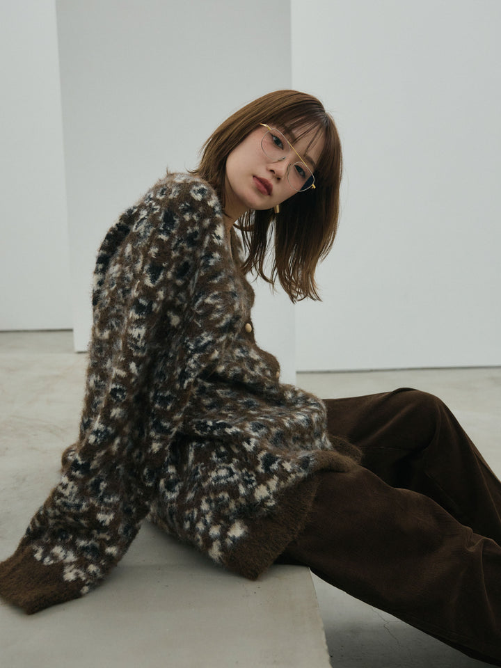 【Allure】[SET]レオパードシャギーニットカーディガン+コーデュロイタックワイドパンツ(2set)