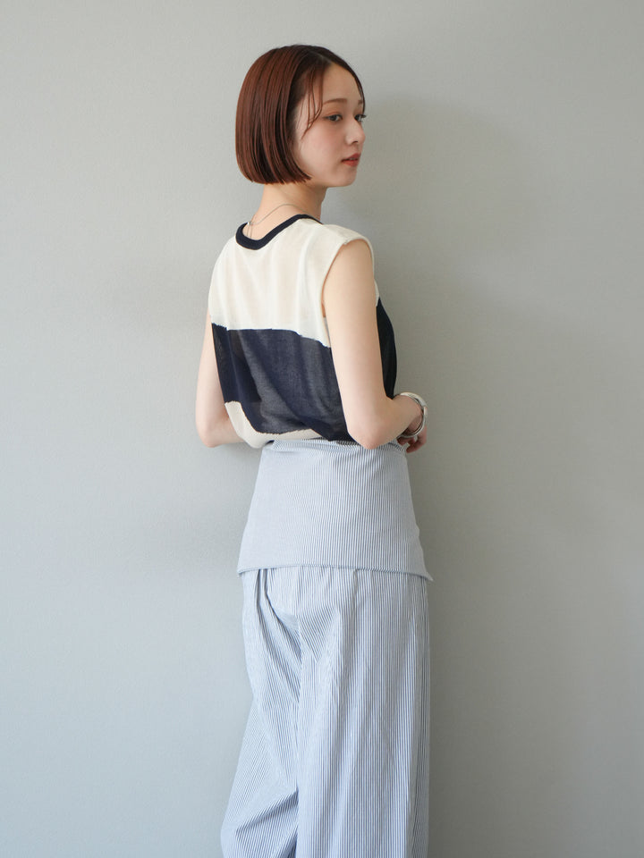 [SET] 雙色透視針織無袖上衣 + 條紋束腰休閒褲 (2set)