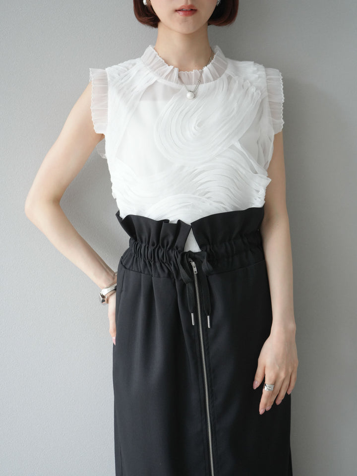 [SET]チュールジャガードノースリブラウス+ヘザーエステルギャザージップスカート(2set)