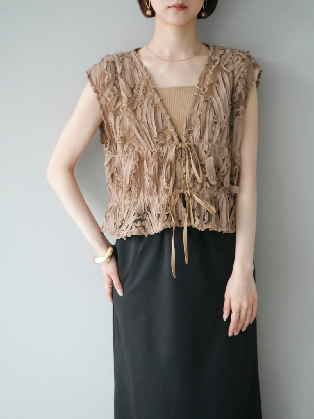 [SET]ジャガードレースリボントップス+スウェットロングスカート(2set)