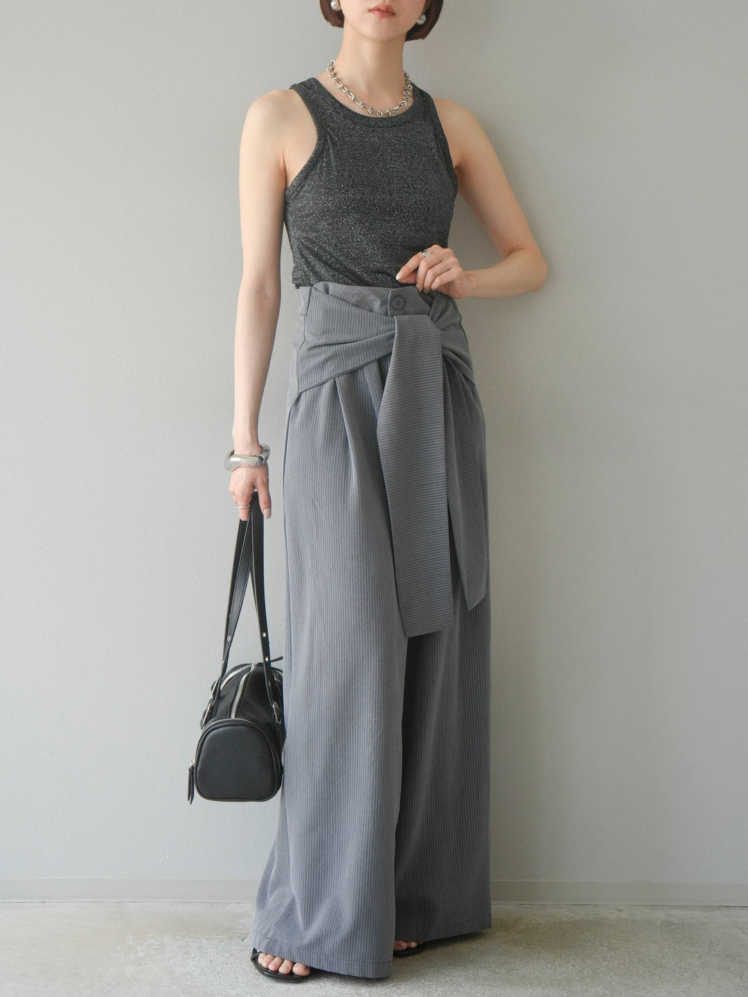 【預購】條紋裹腰寬褲/灰色