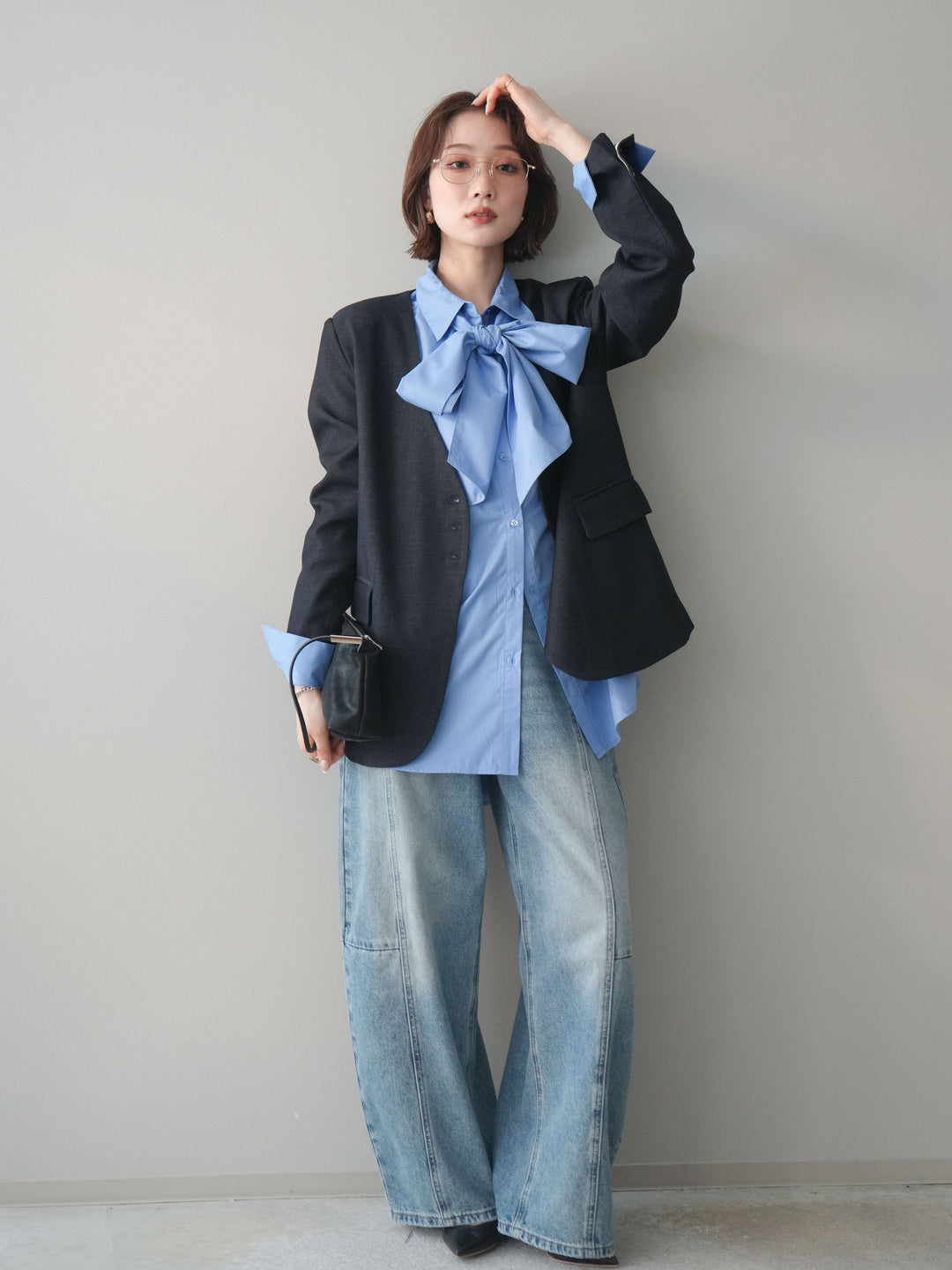 [SET]ノーカラージャケット+ガーメントウォッシュカーブデニムパンツ(2set)