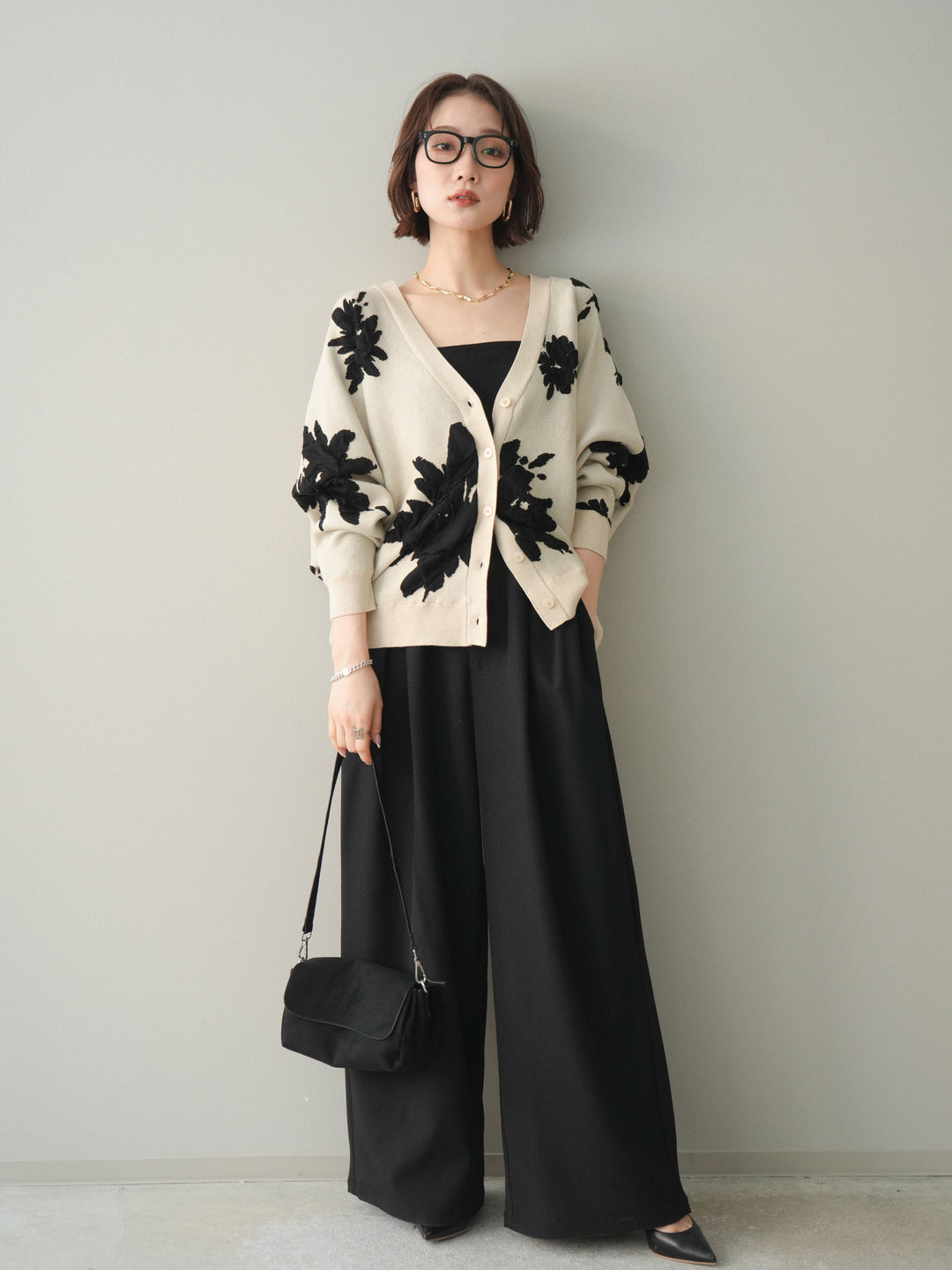 [予約]サテンベルトタックワイドパンツ/black