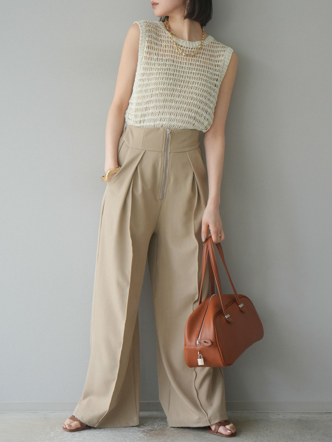 [予約]ミックスヤーン透かし編みニットタンクトップ/アイボリー