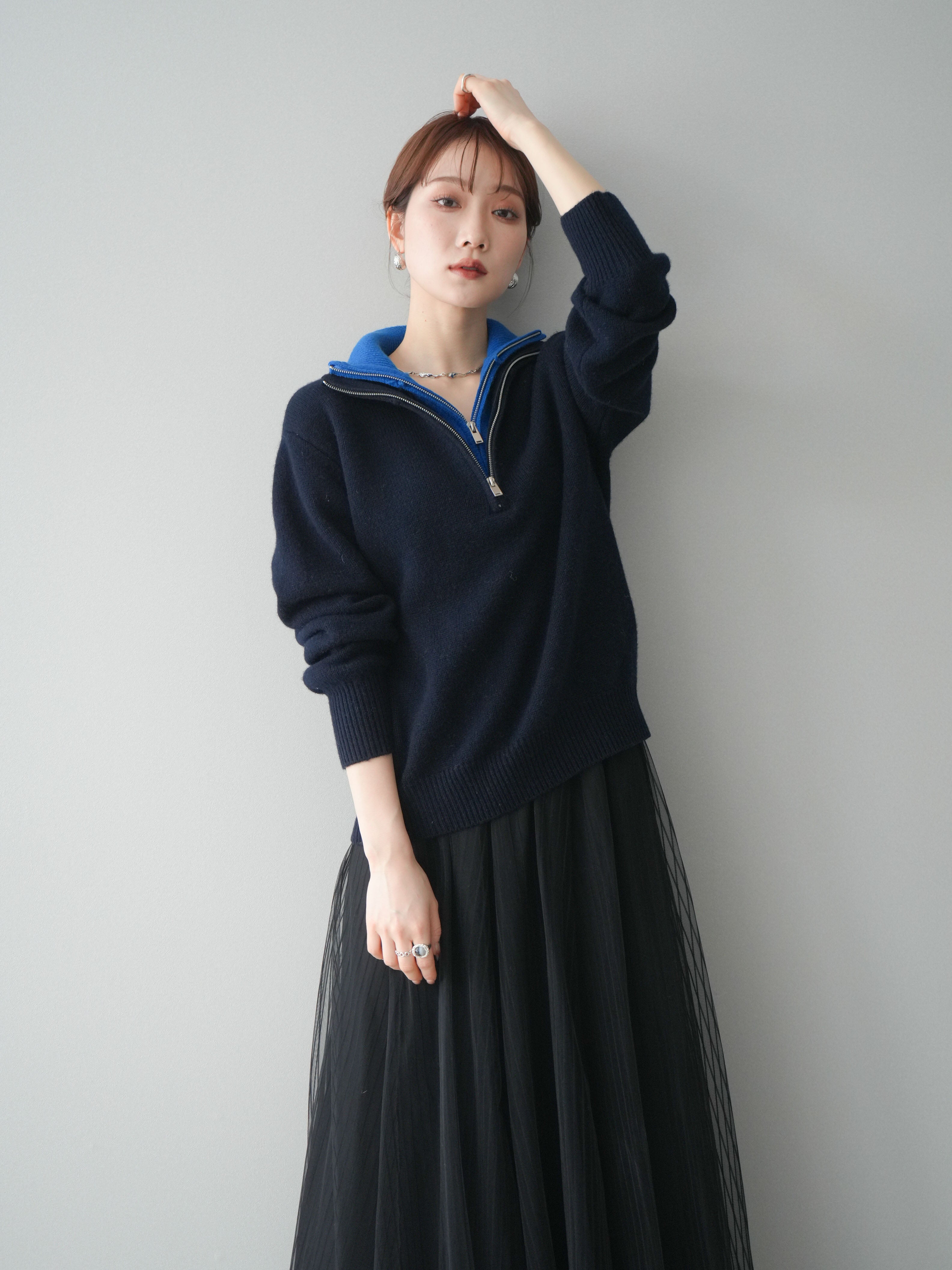 予約]ウールxカシミヤハーフジップダブルネックニットプルオーバー