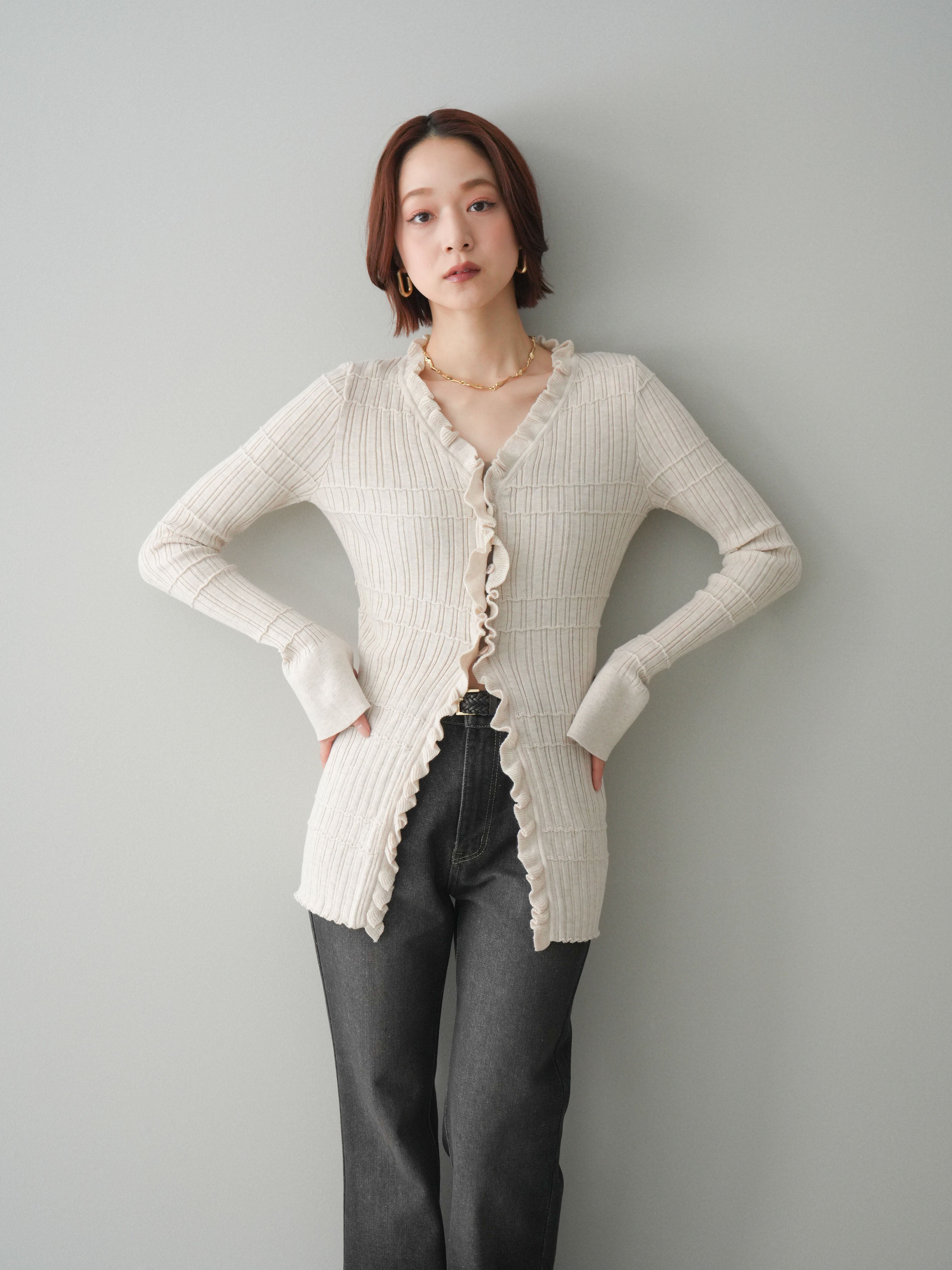 SET]フロントフリルリブニットカーディガン+フレアデニムパンツ(2set