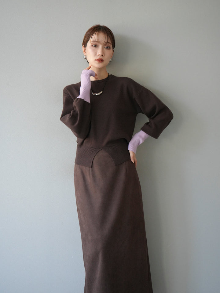 [予約]袖配色フロントスリットニットプルオーバー/ブラウン