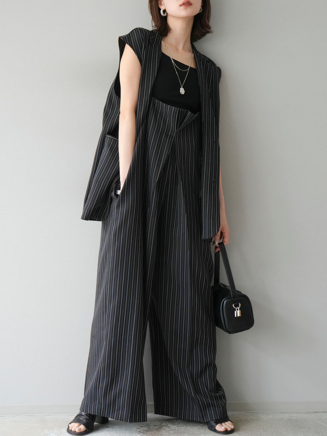 【着回しセット】[SET]ヘリンボーンストライプジレ+シアー切替ベロアトップス+ヘリンボーンストライプサロペット(3set)