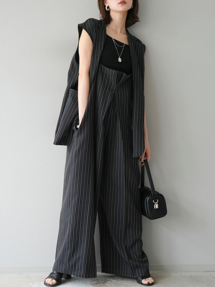 【着回しセット】[SET]ヘリンボーンストライプジレ+シアー切替ベロアトップス+ヘリンボーンストライプサロペット(3set)