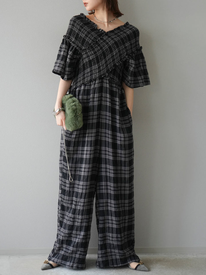 [予約]チェック柄ハーフスリーブシャーリングクロスサロペット/ブラック