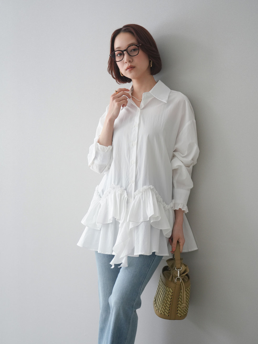 [予約]ラッフルデザインティアードブラウス/white