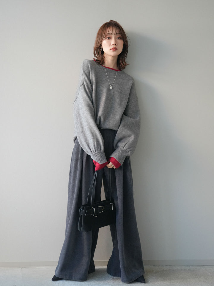 [SET]ヘンリーネック配色レイヤードニットプルオーバー+ベルトデザインループコールテンワイドパンツ(ベルト付き)(2set)
