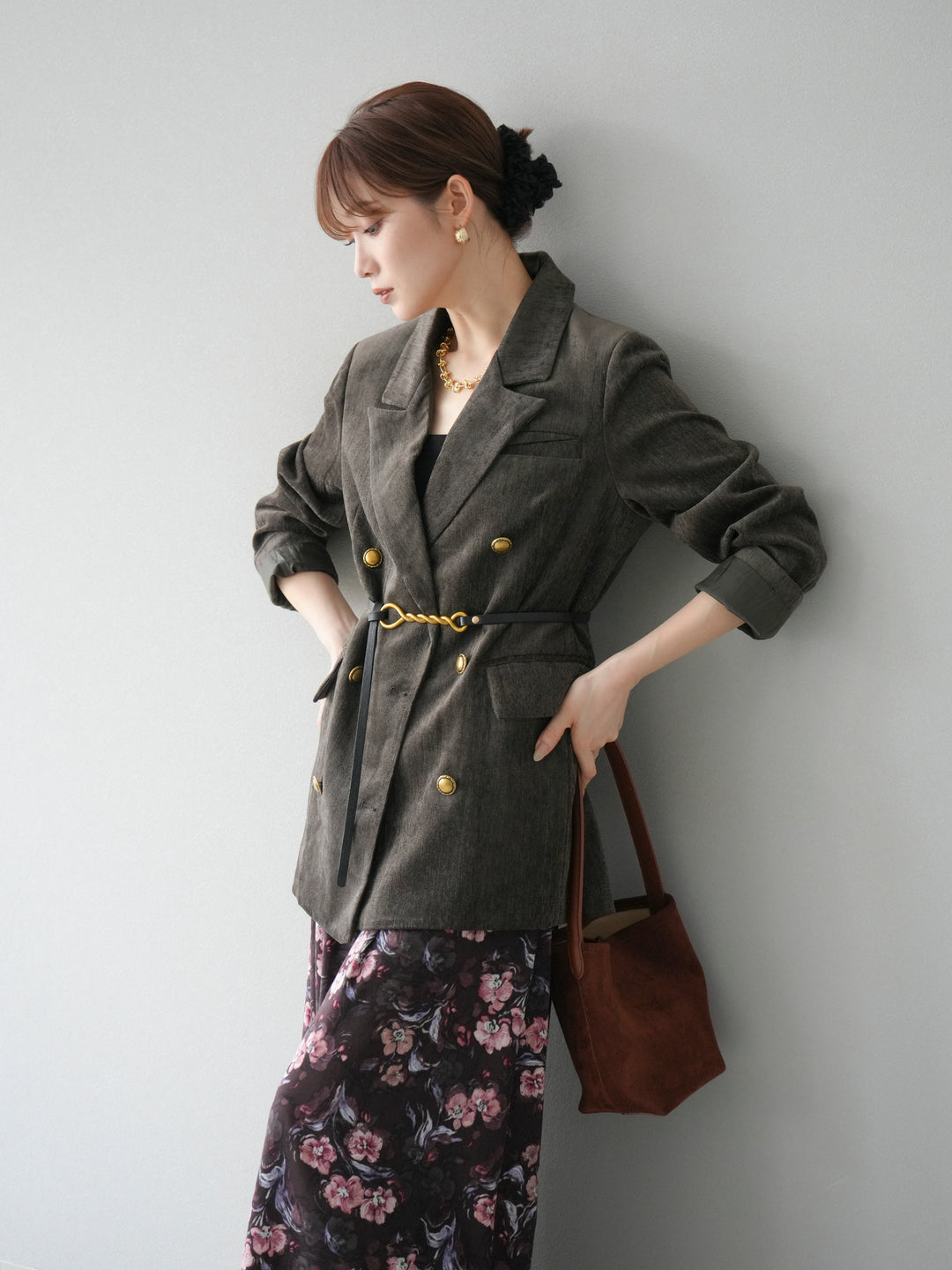 [予約]ベロアダブルジャケット/ブラウン