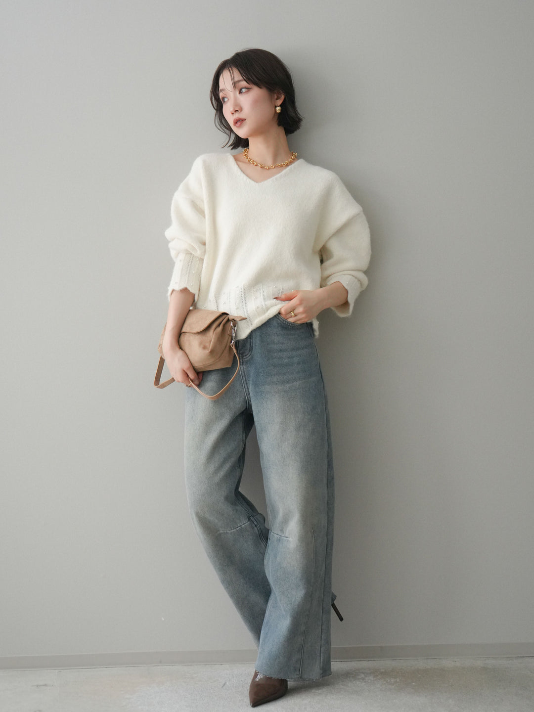 [予約]裏起毛カットオフカーブデニムパンツ/blue