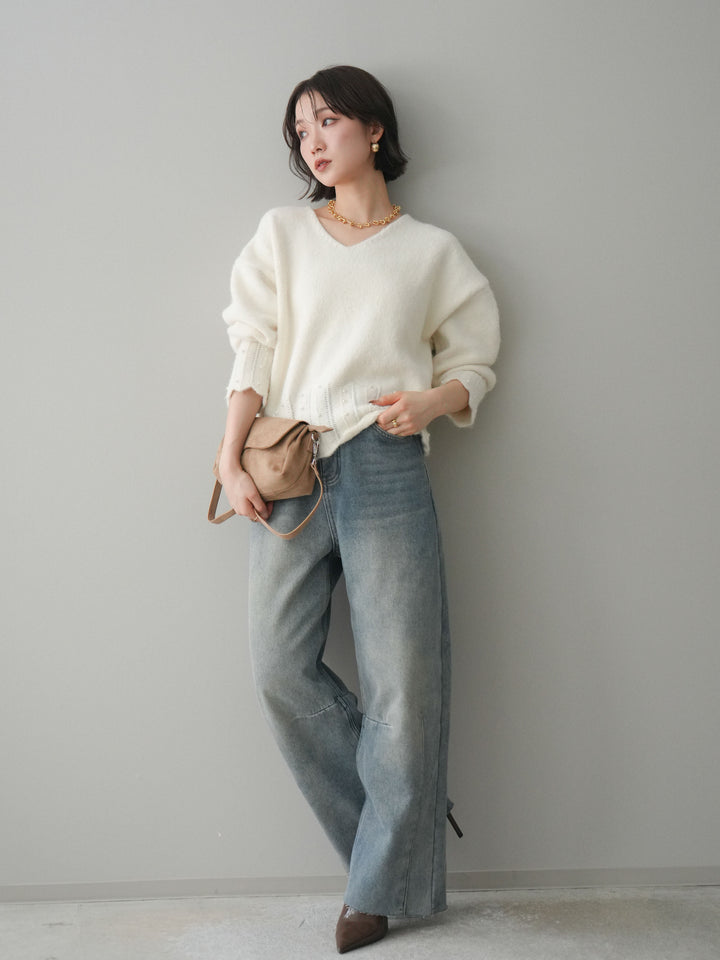 [予約]裏起毛カットオフカーブデニムパンツ/blue