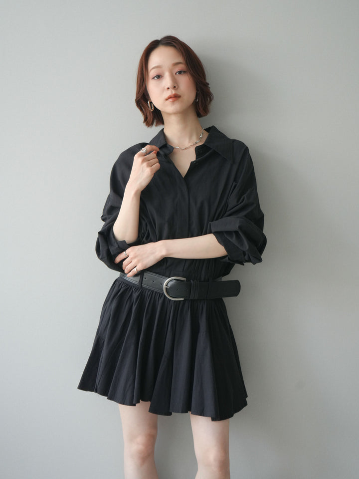 [予約]ベルト付フレアシャツミニワンピース/black