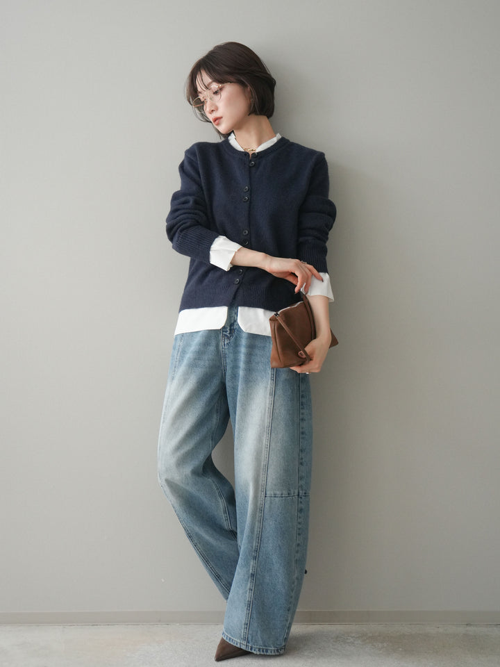 [SET]布帛ドッキングニットカーディガン+ガーメントウォッシュカーブデニムパンツ(2set)