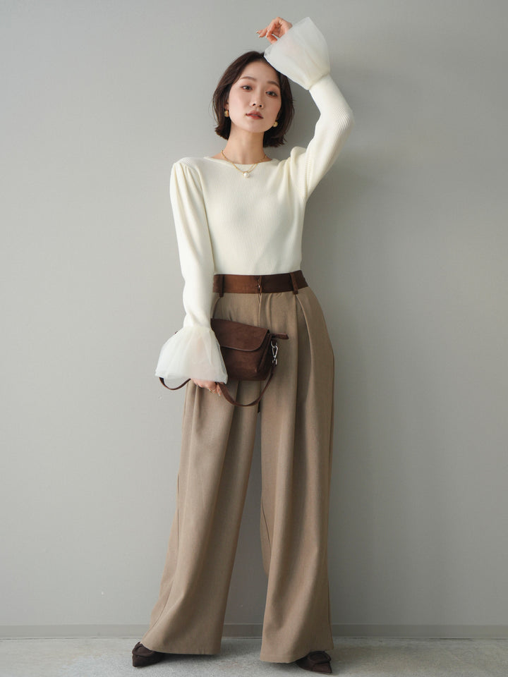 [予約]サテンベルトタックワイドパンツ/beige